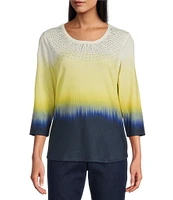 Allison Daley Embellished Ombre Print 3/4 Sleeve Crew Neck Knit Top