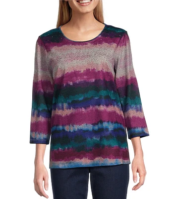 Allison Daley Embellished Painted Stroke Stripe Print 3/4 Sleeve Crew Neck Knit Top