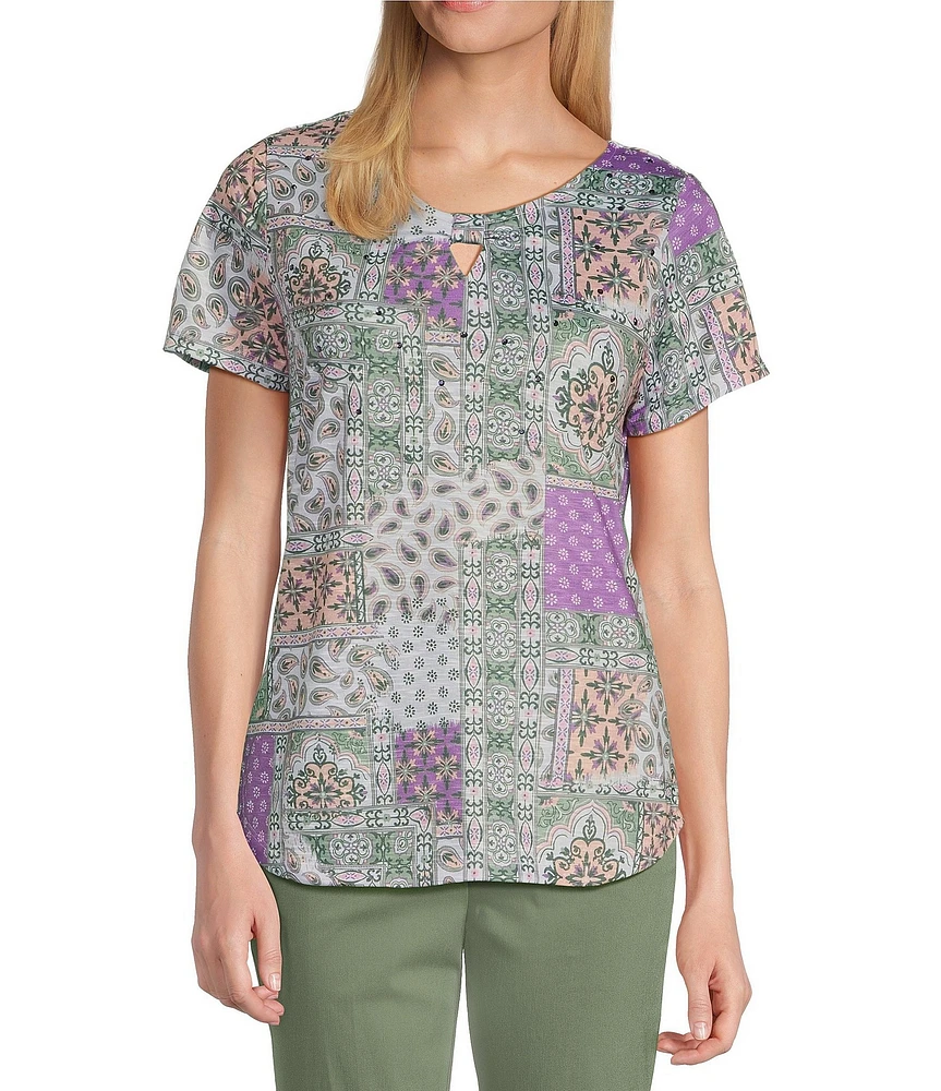 Allison Daley Embellished Paisley Patch Print Short Sleeve Keyhole Neck Knit Top