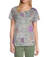 Allison Daley Embellished Paisley Patch Print Short Sleeve Keyhole Neck Knit Top