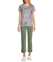 Allison Daley Embellished Paisley Patch Print Short Sleeve Keyhole Neck Knit Top