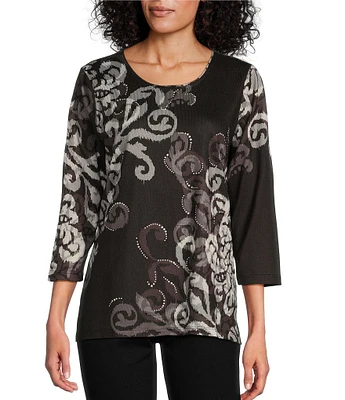 Allison Daley Embellished Scroll Placement Print 3/4 Sleeve Crew Neck Knit Top