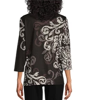 Allison Daley Embellished Scroll Placement Print 3/4 Sleeve Crew Neck Knit Top