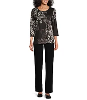 Allison Daley Embellished Scroll Placement Print 3/4 Sleeve Crew Neck Knit Top