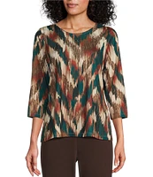 Allison Daley Embellished Spruce Ikat Herringbone Print 3/4 Sleeve Crew Neck Knit Top