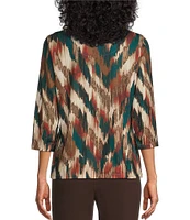 Allison Daley Embellished Spruce Ikat Herringbone Print 3/4 Sleeve Crew Neck Knit Top