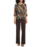 Allison Daley Embellished Spruce Ikat Herringbone Print 3/4 Sleeve Crew Neck Knit Top