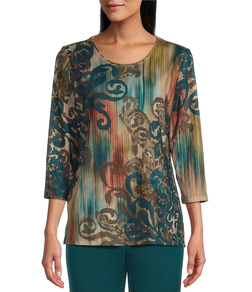 Allison Daley Embellished Spruce Scroll Placement Print 3/4 Sleeve Crew Neck Knit Top