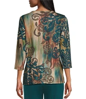 Allison Daley Embellished Spruce Scroll Placement Print 3/4 Sleeve Crew Neck Knit Top