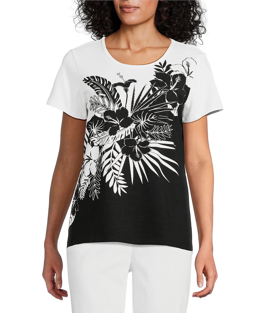 Allison Daley Embellished Tropical Palm Print Short Sleeve Crew Neck Knit Top