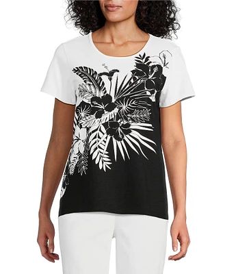 Allison Daley Embellished Tropical Palm Print Short Sleeve Crew Neck Knit Top