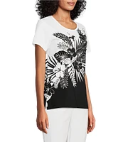 Allison Daley Embellished Tropical Palm Print Short Sleeve Crew Neck Knit Top