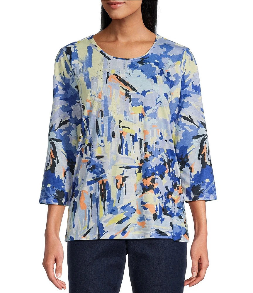 Allison Daley Embellished Tropical Villa Print 3/4 Sleeve Crew Neck Knit Top