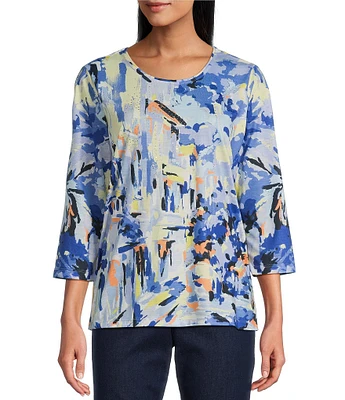 Allison Daley Embellished Tropical Villa Print 3/4 Sleeve Crew Neck Knit Top