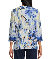 Allison Daley Embellished Tropical Villa Print 3/4 Sleeve Crew Neck Knit Top