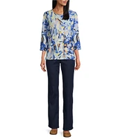 Allison Daley Embellished Tropical Villa Print 3/4 Sleeve Crew Neck Knit Top