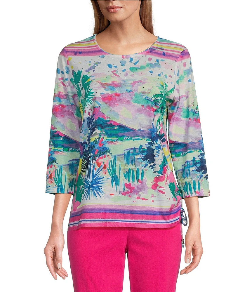 Allison Daley Embellished Watercolor Tropics Print 3/4 Sleeve Crew Neck Ruched Side Tie Hem Knit Top