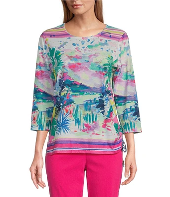 Allison Daley Embellished Watercolor Tropics Print 3/4 Sleeve Crew Neck Ruched Side Tie Hem Knit Top