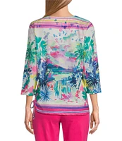 Allison Daley Embellished Watercolor Tropics Print 3/4 Sleeve Crew Neck Ruched Side Tie Hem Knit Top