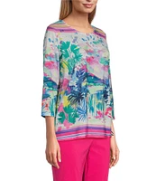 Allison Daley Embellished Watercolor Tropics Print 3/4 Sleeve Crew Neck Ruched Side Tie Hem Knit Top