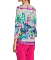 Allison Daley Embellished Watercolor Tropics Print 3/4 Sleeve Crew Neck Ruched Side Tie Hem Knit Top
