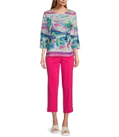 Allison Daley Embellished Watercolor Tropics Print 3/4 Sleeve Crew Neck Ruched Side Tie Hem Knit Top