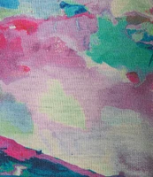 Allison Daley Embellished Watercolor Tropics Print 3/4 Sleeve Crew Neck Ruched Side Tie Hem Knit Top