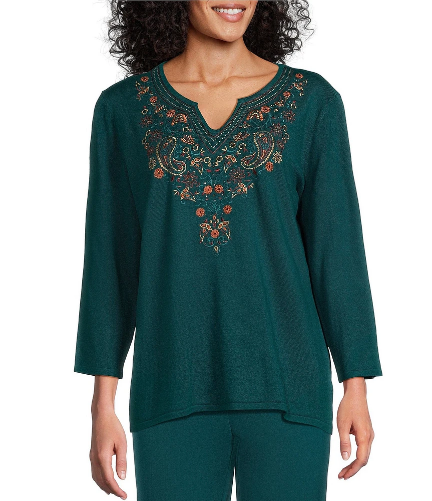 Allison Daley Embroidered 3/4 Sleeve Split V-Neck Sweater