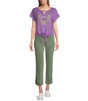 Allison Daley Embroidered Cap Sleeve Keyhole Neck Tie Front Knit Top