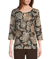 Allison Daley Espresso Filagree Printed 3/4 Sleeve Keyhole Neck Knit Top