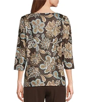 Allison Daley Espresso Filagree Printed 3/4 Sleeve Keyhole Neck Knit Top