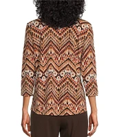 Allison Daley Espresso Multi Chevron Print Pleated 3/4 Sleeve V Neck Knit Top