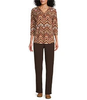 Allison Daley Espresso Multi Chevron Print Pleated 3/4 Sleeve V Neck Knit Top