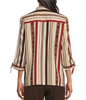 Allison Daley Espresso Multi Stripe Print Tie 3/4 Sleeve Y-Neck Button Front Top