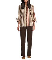 Allison Daley Espresso Multi Stripe Print Tie 3/4 Sleeve Y-Neck Button Front Top