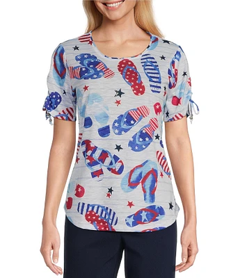 Allison Daley Flip Flops Stars And Stripe Print Short Ruched Tie Sleeve Crew Neck Knit Top