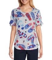 Allison Daley Flip Flops Stars And Stripe Print Short Ruched Tie Sleeve Crew Neck Knit Top