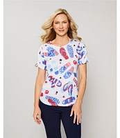 Allison Daley Flip Flops Stars And Stripe Print Short Ruched Tie Sleeve Crew Neck Knit Top