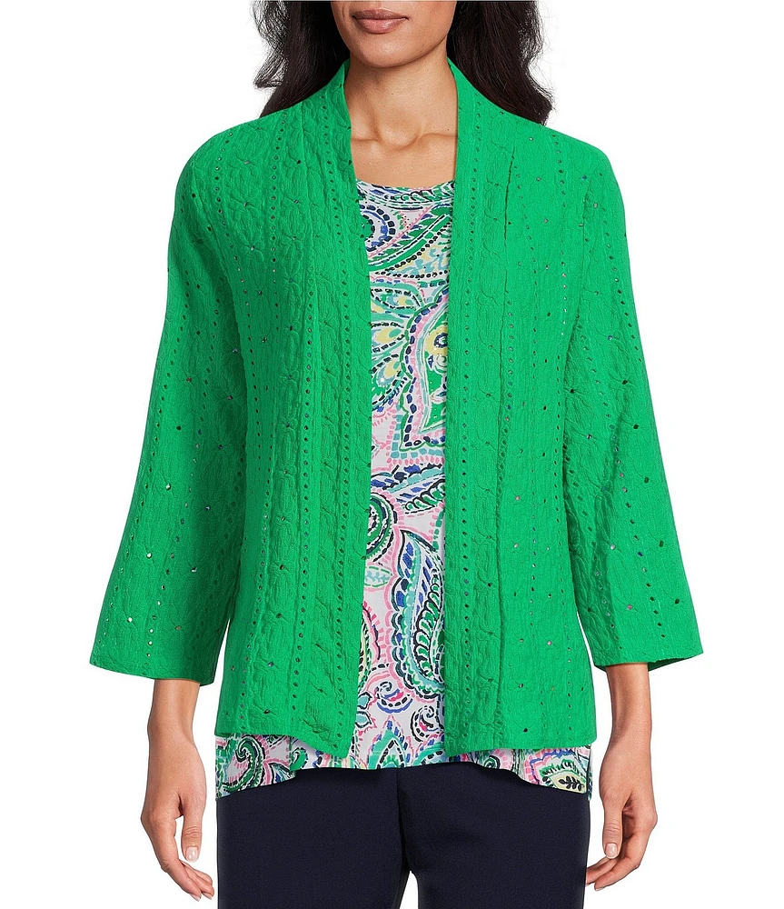 Allison Daley Floral Eyelet Knit 3/4 Sleeve Open Front Cardigan