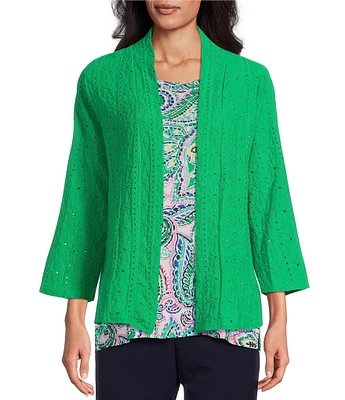 Allison Daley Floral Eyelet Knit 3/4 Sleeve Open Front Cardigan
