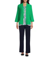 Allison Daley Floral Eyelet Knit 3/4 Sleeve Open Front Cardigan