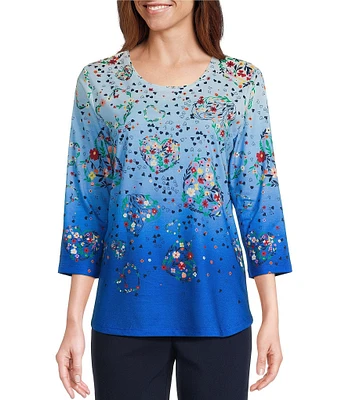 Allison Daley Floral Hearts Print 3/4 Sleeve Crew Neck Knit Top