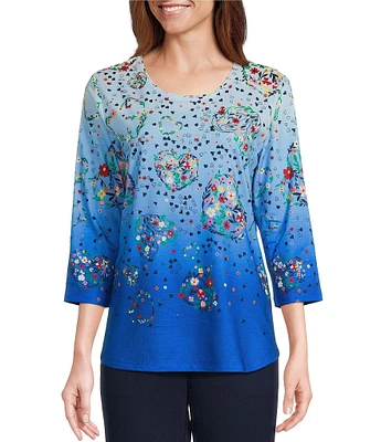 Allison Daley Floral Hearts Print 3/4 Sleeve Crew Neck Knit Top