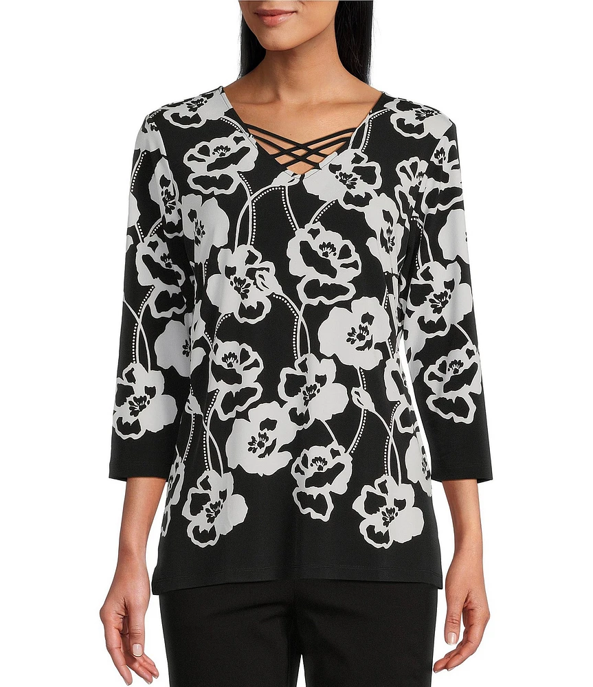 Allison Daley Floral Print 3/4 Sleeve Criss Cross V-Neck Knit Top