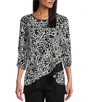 Allison Daley Floral Zebra Print 3/4 Sleeve Crew Neck Ruffle Hem Knit Top