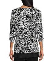 Allison Daley Floral Zebra Print 3/4 Sleeve Crew Neck Ruffle Hem Knit Top