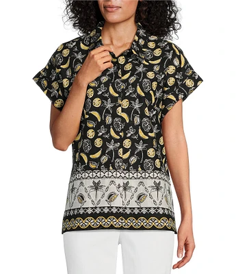Allison Daley Fruit Print Cap Sleeve Point Collar Button-Front Shirt