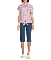 Allison Daley Gingham Floral Print Short Sleeve Tie Front Button Blouse