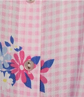 Allison Daley Gingham Floral Print Short Sleeve Tie Front Button Blouse