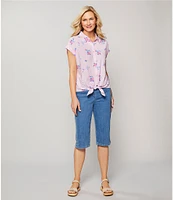 Allison Daley Gingham Floral Print Short Sleeve Tie Front Button Blouse